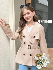 SHEIN Mädchen Tweens einfarbiger Khaki Doppelreiher Kragen locker sitzende Windjacke mit geraffter Taille, knielanger Trenchcoat, geeignet für den Lässig Alltag, lässigen Militärstil, Streetwear - Khaki - Übersicht 6