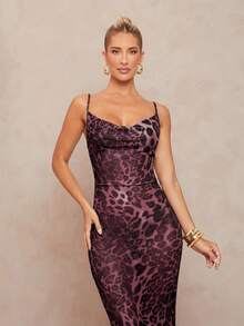 Lumalex 经典咖啡棕色豹纹印花深 V 领紧身连衣裙，大腿高开衩，系带细节 - 乾枯玫瑰色 - 查看 6