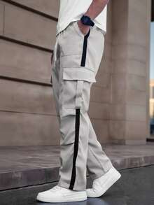 Manfinity Hypemode 男士侧条纹印花口袋抽绳腰休闲裤，秋季 - 淺灰色 - 查看 3