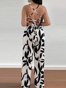 INAWLY 2pcs Set Casual Vacation Low Neck Backless Strap Camisole Top And Wide Leg Pants - Apricot - View 2