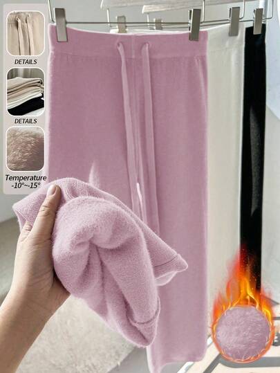 Franclia New Women High Waist Drawstring Casual Straight Wide Leg Pants, Thermal Lined Thick Knit Trousers