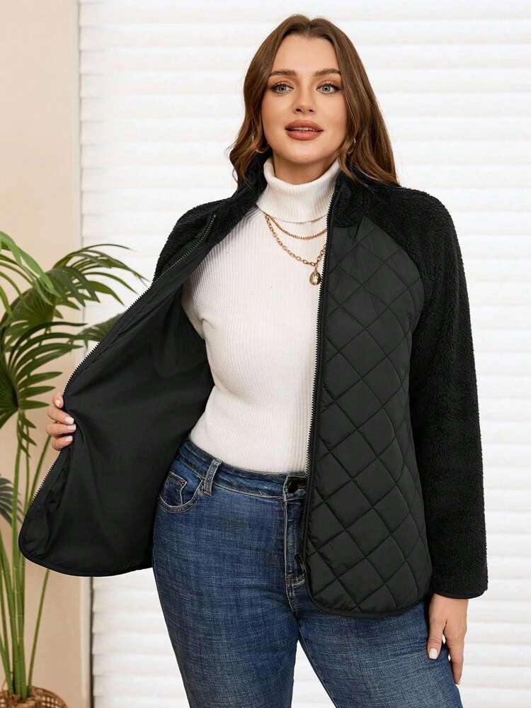 Plus Size Women's Solid Color Raglan Sleeve Zip-Up Casual Winter Jacket Winter Clothes For Women  Fall Clothes For Women