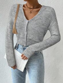 SHEIN Essnce 女式休闲 V 领纽扣前开衫，轻盈纯色，适合日常穿着，秋季 - 淺灰色 - 查看 3