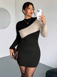 Firerie Robe longue à manches longues pour femmes grande taille, style color block élégant, romantique à la française, minimaliste, pour le travail et le quotidien. Robe col montant en tricot côtelé, robe bicolore, robe moulante pour femmes, pour l'automne/l'hiver