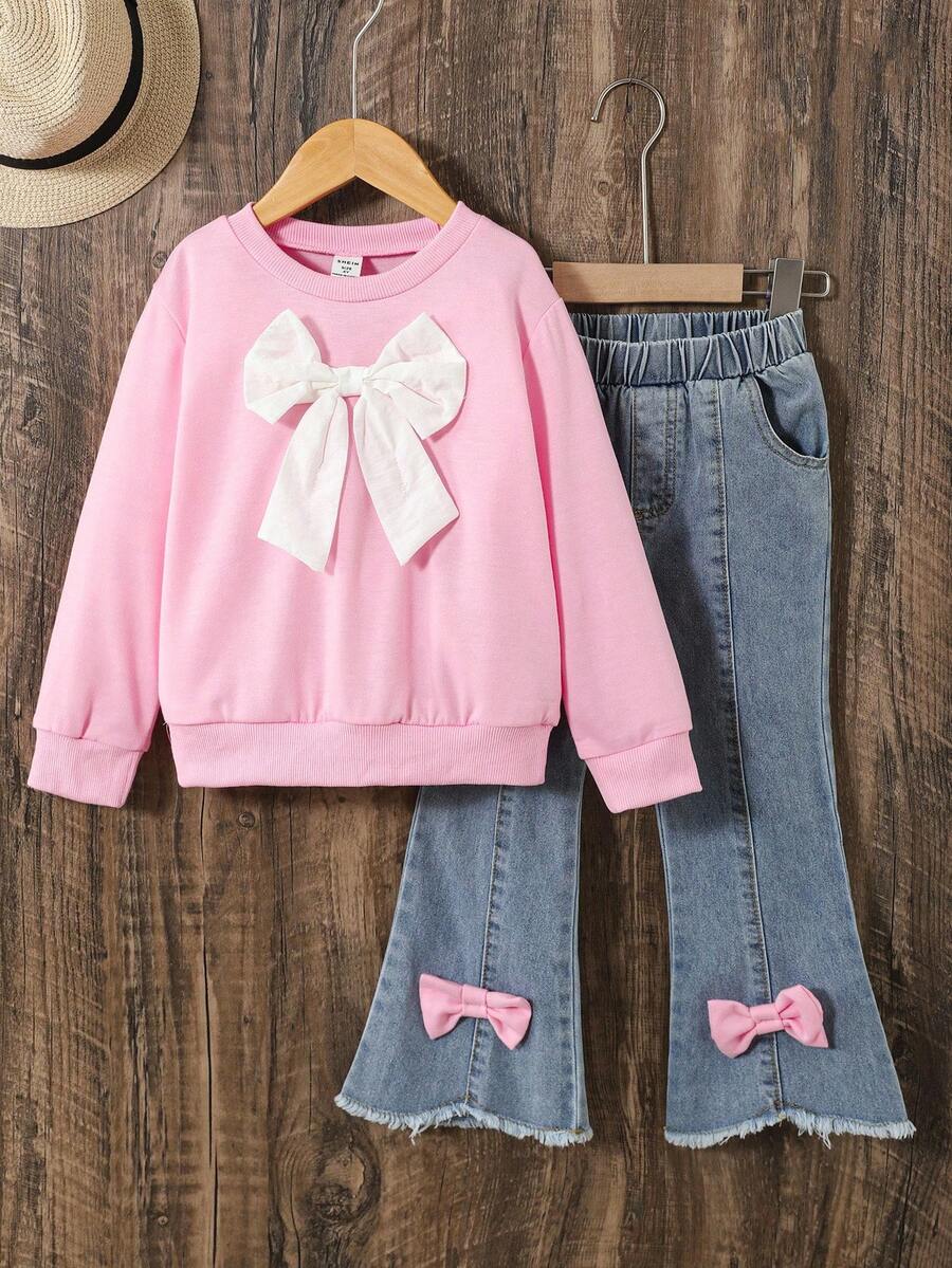 2pcs/Set Girls Casual College Style Pink Long Sleeve Crew Neck Sweatshirt With Blue Washed Denim Flare Pants Outfit - Pink - View 1