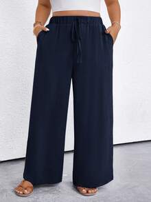 SHEIN LUNE CURVE Pantalon casual à poche simple de couleur unie pour grandes tailles - Bleu marine - Voir 5