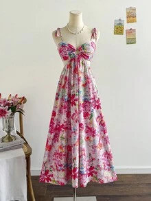 Soleia 女士彩色花卉油画印花褶皱肩带腰 A 字中长连衣裙，度假风 - 彩色 - 查看 3