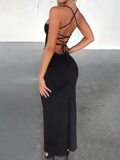 Zyxie Vestido largo con corte alto sexy y tirantes cruzados con lazo para mujeres, de corte ajustado