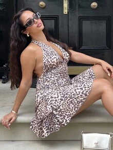 NegzBox Leopard Print Deep V Neck Backless Ruched Ruched Hem Mini Dress, Simple Casual Resort Elegant Everyday Cocktail Dress For Women, Spring/Summer - Multicolor - View 3