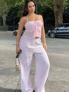 NegzBox Casual Loose Straight Pants For Women, Striped Tie Waist Linen Trousers For Home And Daily Wear, School - Pink - View 3