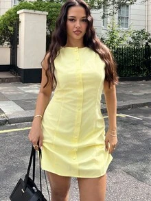 NegzBox 女式夏季纯色圆领单扣无袖休闲迷你连衣裙 - 黃色 - 查看 1