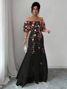 Lyxana Women's Elegant Floral Mesh Fitted A-Line Maxi Dress - Black - View 3