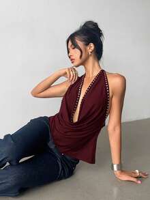 Aloruh Solid Color Rivet Decor Halter Draped Backless Blouse,Red Top - Burgundy - View 5