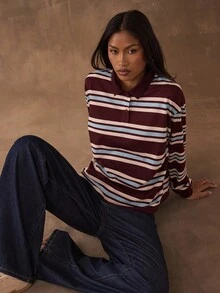 SHEIN BAE Áo thun dài tay kẻ sọc phối màu phong cách thường ngày dành cho nữ, thích hợp cho mùa thu và đông, màu nâu cà phê tương phản, kiểu áo thường ngày, áo đi chơi, trang phục mùa thu cho nữ, phong cách mùa thu năm 2025: Áo thun nữ, áo thun dáng rộng, phong cách cổ điển. - Nhiều màu - Xem 4