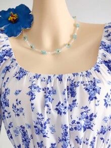 少女休闲碎花束腰泡泡袖后背蝴蝶结装饰衬衫，春夏荷叶边上衣/度假/节日/复古/沙滩/大海/优雅/连衣裙/波西米亚/波西米亚风服装，秋冬内衣 - 藍白色 - 查看 5