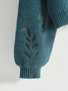 ROMWE Hippie Retro Boho Vacation Style Moon & Star Embroidery Blue-Green Pullover Sweater