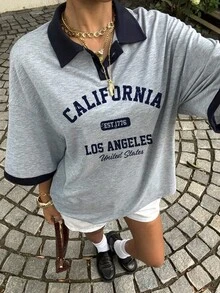 Muchica 大码休闲街头风格时尚撞色设计半拉链领 Polo 超大短袖 T 恤，适合夏季、返校季 - 灰色 - 查看 4