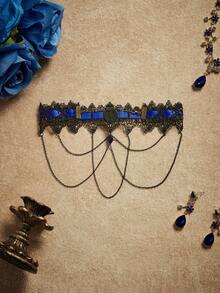 复古宫廷风格蓝色宝石链蕾丝性感颈链女士项链