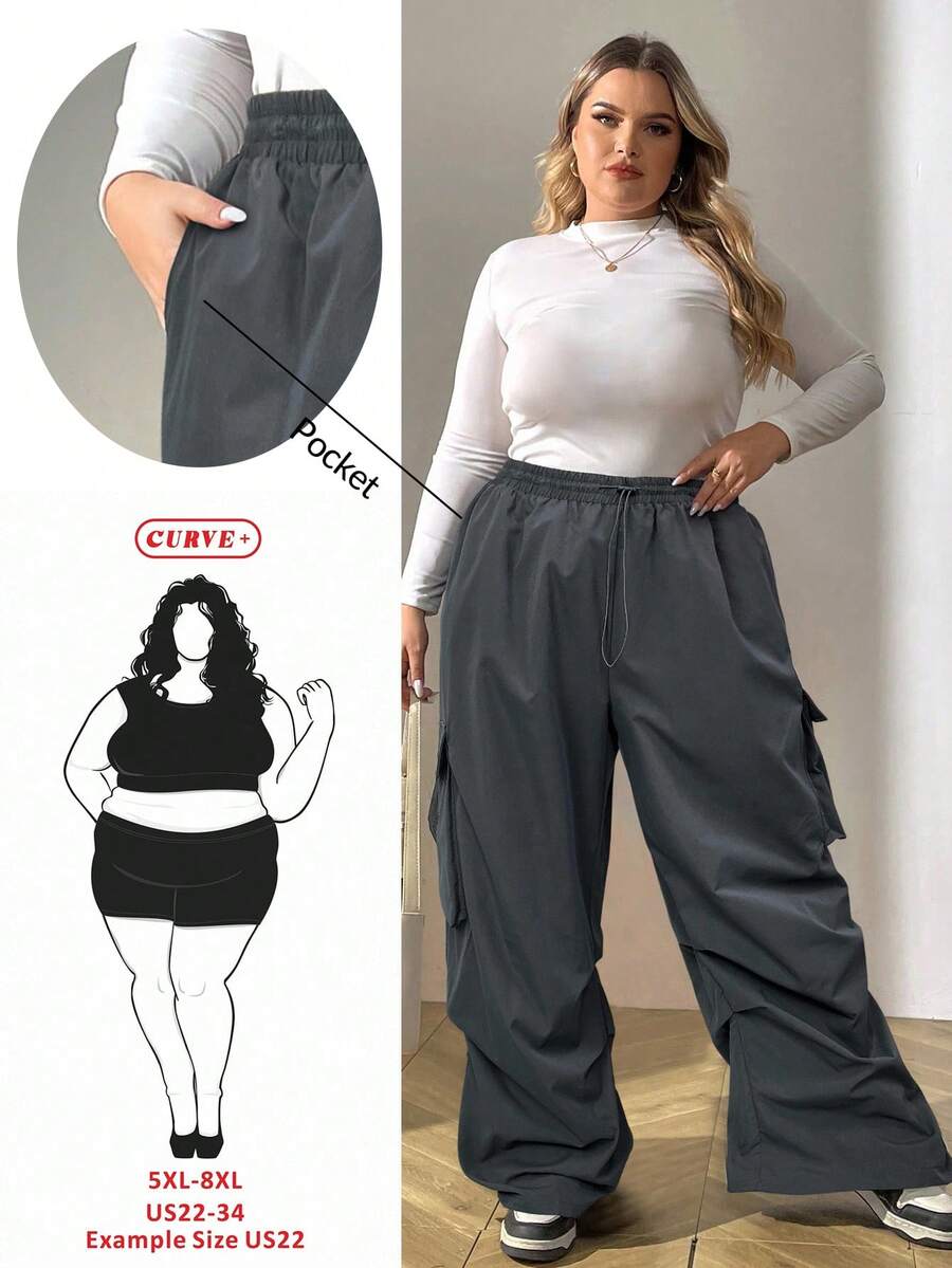 SHEIN CURVE+ 大码女式纯色抽绳腰带口袋褶皱阔腿裤 - 灰色 - 查看 1