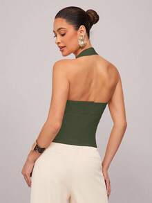 Silquee Women's Solid Color Pleated Fitted Halter Neck Camisole - Army Green - View 2