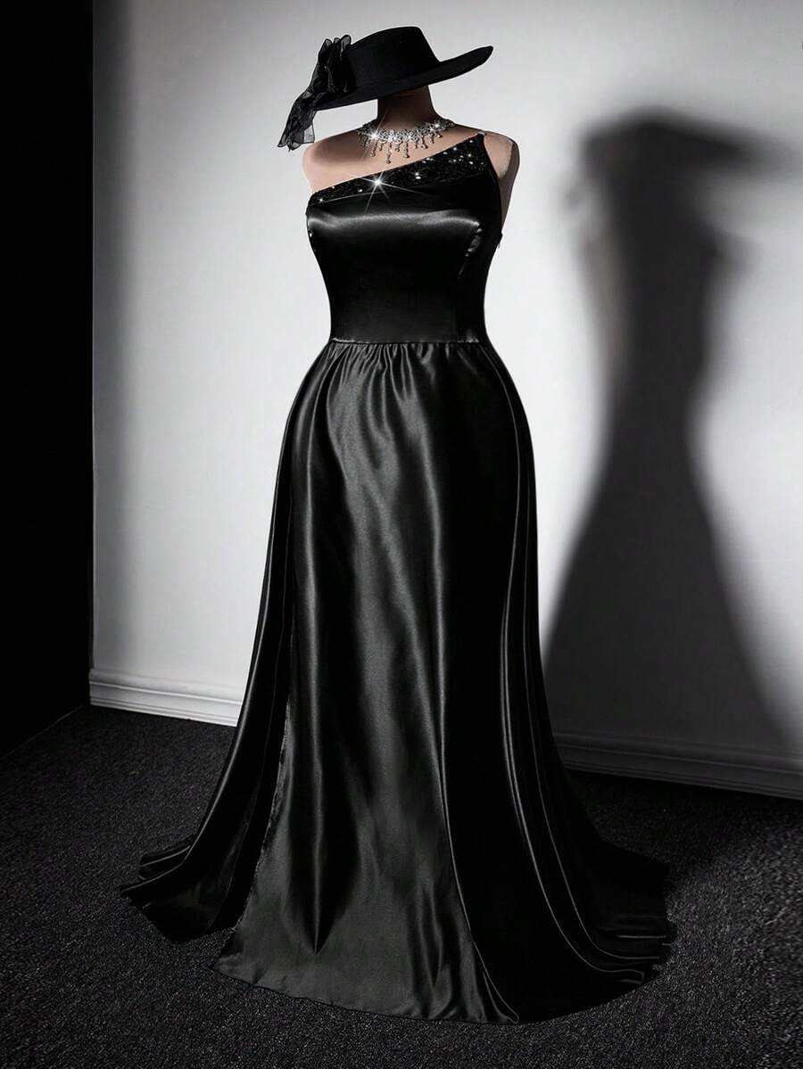 Viva Relle Plus Size Sleeveless Asymmetrical Shoulder Elegant Romantic Fashion Dress - Black - View 1