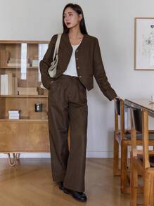 DAZY 女士V领短开衫和直筒裤两件套休闲家居服套装