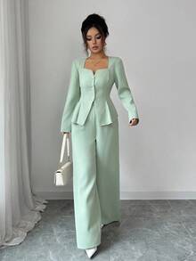 Elenzga 女士优雅高端华夫格针织领长袖开衫和阔腿裤两件套 - 綠色 - 查看 3