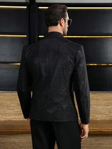 Manfinity AFTRDRK 男士卡其色梭织面料常规版型长袖翻领西装外套，适合送给男朋友/丈夫的礼物，老钱风格 - 黑色 - 查看 2