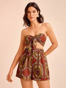 CAJUNI Set Atasan Bandeau dan Celana Pendek Pantai Motif Mata Hati untuk Liburan Pantai Wanita - MultiWarna - View 6