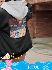 FRIFUL SHEIN X Care Bears 女士休闲时尚街头卡通熊印花落肩宽松夹克 - 黑色 - 查看 15