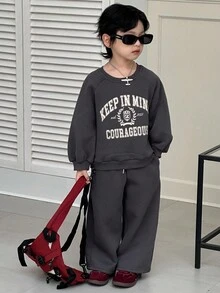 DAZY 2 件套儿童男童羊毛运动衫和裤子休闲运动套装，宽松字母印花，秋季 - 深灰色 - 查看 2