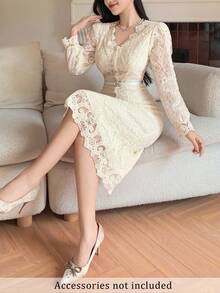 DAZY French Lace Long Sleeve Dress, New Slim Fit Elegant Elegant Casual Dress - Apricot - View 1