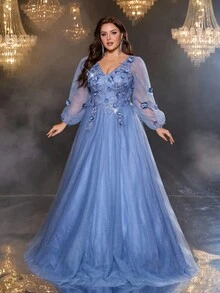 Glamrae 加大码优雅浪漫奢华灰蓝色 V 领灯笼袖串珠花卉贴花网眼长裙，适合晚会、约会、度假、音乐节、毕业典礼、婚礼活动（重磅装饰） - 藍色 - 查看 8