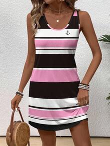 EMERY ROSE Vestido ajustado de cuello redondo sin mangas con contraste de color a rayas en negro, rosa y blanco - Multicolor - Ver 7