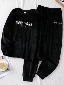 青少年男孩黑色羊毛长袖上衣和裤子睡衣套装，休闲英文和数字刺绣家居服，秋冬 - 黑色 - 查看 3