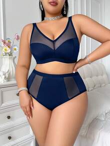 SHEIN Bộ 2 áo ngực và quần lót không dây cỡ lớn, mềm mại, mặc hàng ngày, màu xanh navy, nâng ngực - Màu xanh hải quân - Xem 3