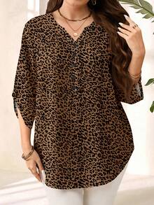 EMERY ROSE Camisa de mujer de talla grande con estampado de leopardo de 3/4 de manga, adecuada para ir al trabajo y salidas de otoño - Multicolor - Ver 4