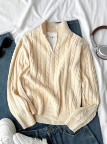 SHEIN Tween Boy 1 Piece Vintage Cable Knit Sweater , Beige Half-Zip High Neck Pullover, Adjustable Zipper Collar, Regular Fit Wool Blend Top For School Daily Wear, Father-Son Matching, Birthday & New Year Gift Idea Fall Winter - Apricot - View 1