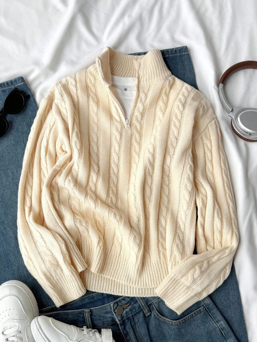 SHEIN Tween Boy 1 Piece Vintage Cable Knit Sweater , Beige Half-Zip High Neck Pullover, Adjustable Zipper Collar, Regular Fit Wool Blend Top For School Daily Wear, Father-Son Matching, Birthday & New Year Gift Idea Fall Winter - Apricot - View 1