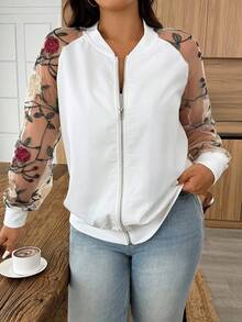 Weeklong Chaqueta con cremallera de talla grande, panel de malla y bordado floral - Blanco - Ver 4