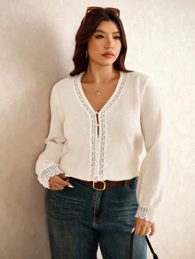 Elaquor 秋季大码女式撞色蕾丝V领长袖单排扣休闲针织开衫 - 白色 - 查看 3