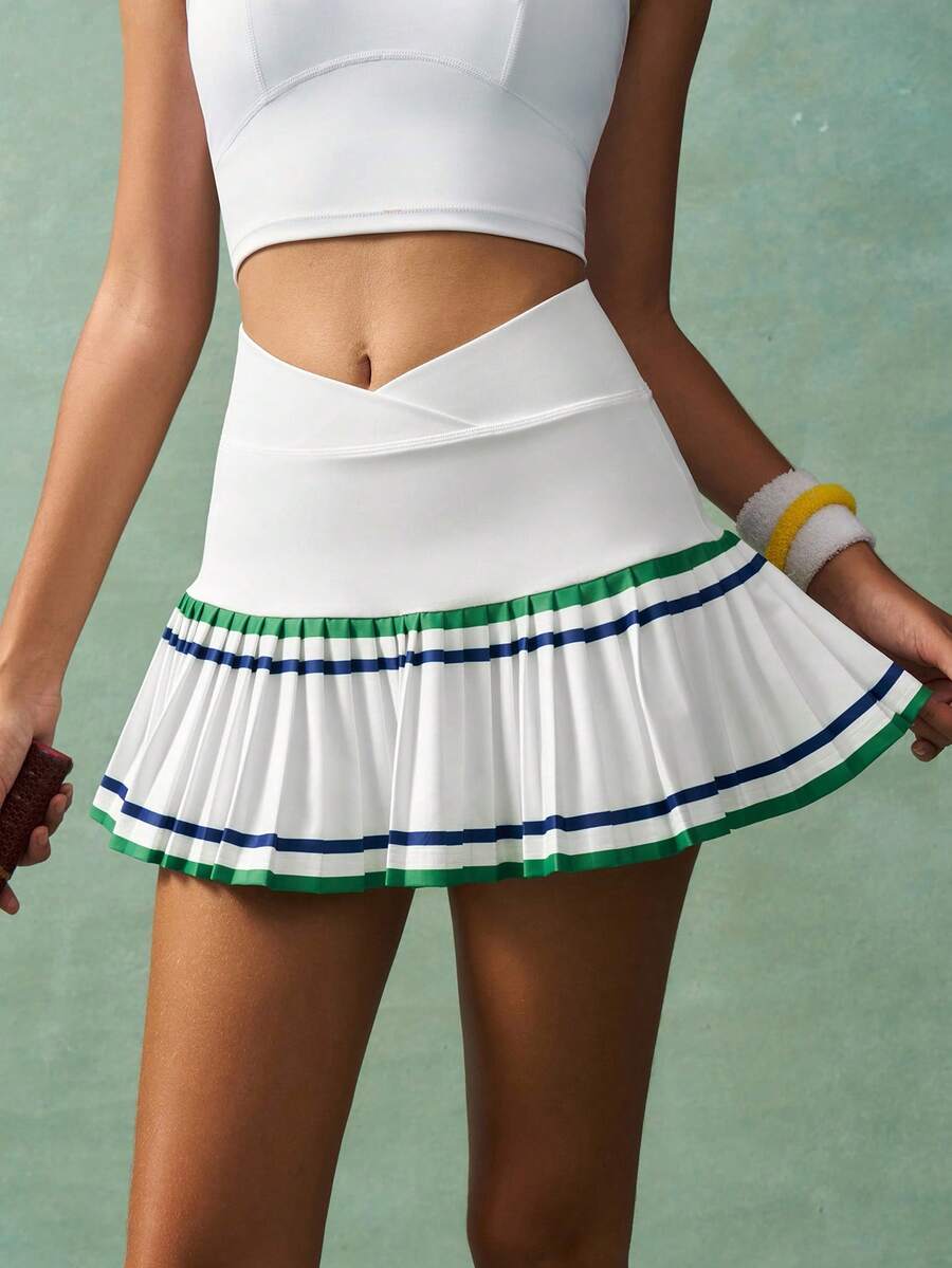 VARSITIE Fustă sport cu dungi contrastante, plisată, talie suprapusă și pantaloni scurți