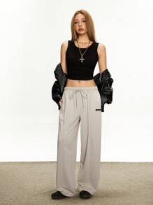 Rina Fox 女式字母图案抽绳腰口袋阔腿休闲运动裤 - 淺灰色 - 查看 5