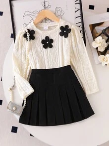 SHEIN Elladie kids 女童可爱黑色碎花图案白色长袖圆领打底衫搭配黑色百褶舒适迷你裙T恤套装，秋冬款 - 白色 - 查看 4