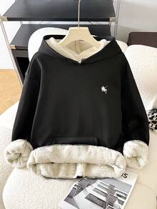 SHEIN 少女黑色刺绣装饰休闲宽松保暖加厚卫衣，适合秋冬季节，休闲居家皆宜。毛绒黑色卫衣，少女卫衣，可爱卫衣，黑色羊羔绒卫衣，羊羔绒内衬卫衣，毛绒卫衣，冬季卫衣，秋季卫衣 - 黑色 - 查看 7