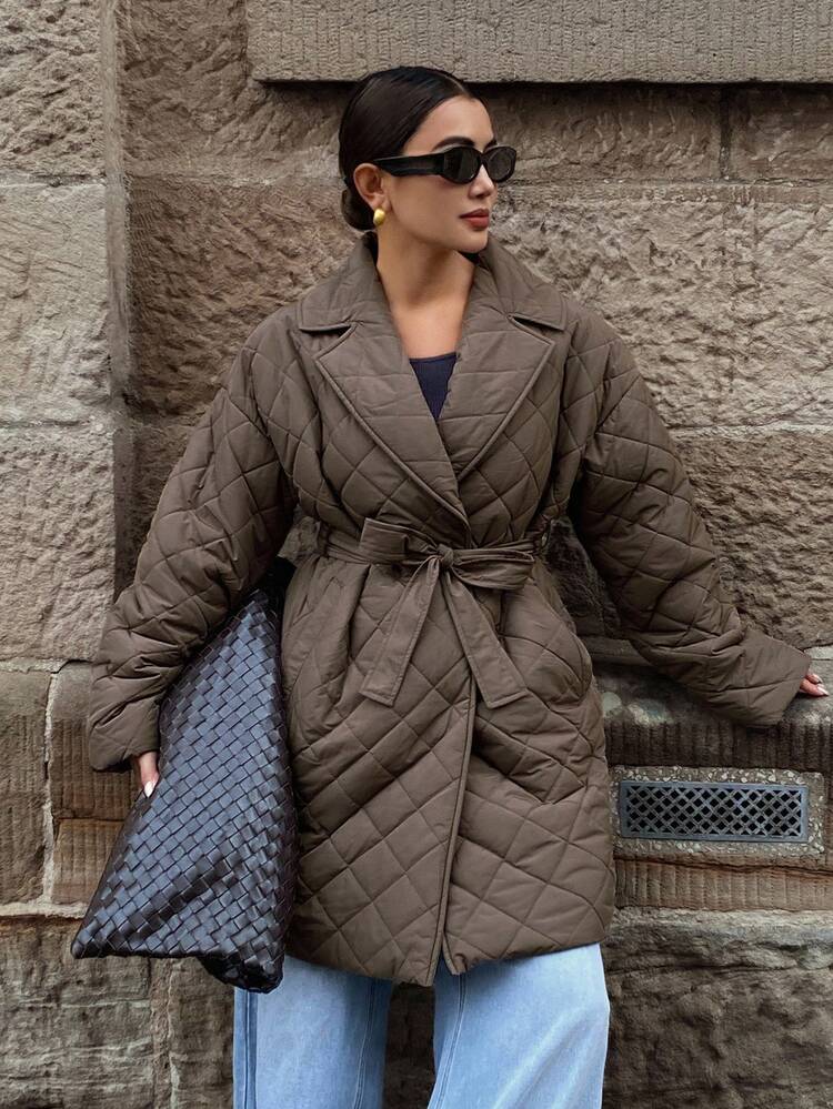 Women's Loose Fit Diamond Pattern Waist Band Long Sleeve Casual Vintage Thick Padded Coat, Autumn/Winter Jacket