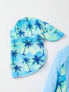 SHEIN 3 件套男童/女童休闲夏季度假椰子树印花长袖短裤搭配遮阳帽泳装，适合春夏季穿着、居家、郊游、旅行、海滩、泳池、派对 - 彩色 - 查看 6