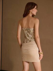 MOTF PREMIUM VESTIDO MINI PARA MUJER DE TERCIOPELO CON PARCHES BORDADOS DE LENTEJUELAS DESCONSTRUCTURADO - Dorado - Ver 3