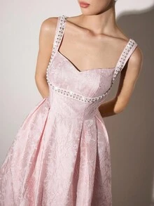 Poshira Váy trang trí chuỗi ngọc trai giả thanh lịch bằng vải Jacquard dành cho nữ - Hồng - Xem 7