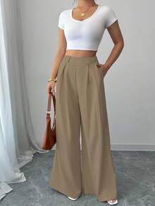 SHEIN PETITE Fashionable Versatile Solid Color Wide Leg Pants Fall Cloth For Women - Khaki - View 4